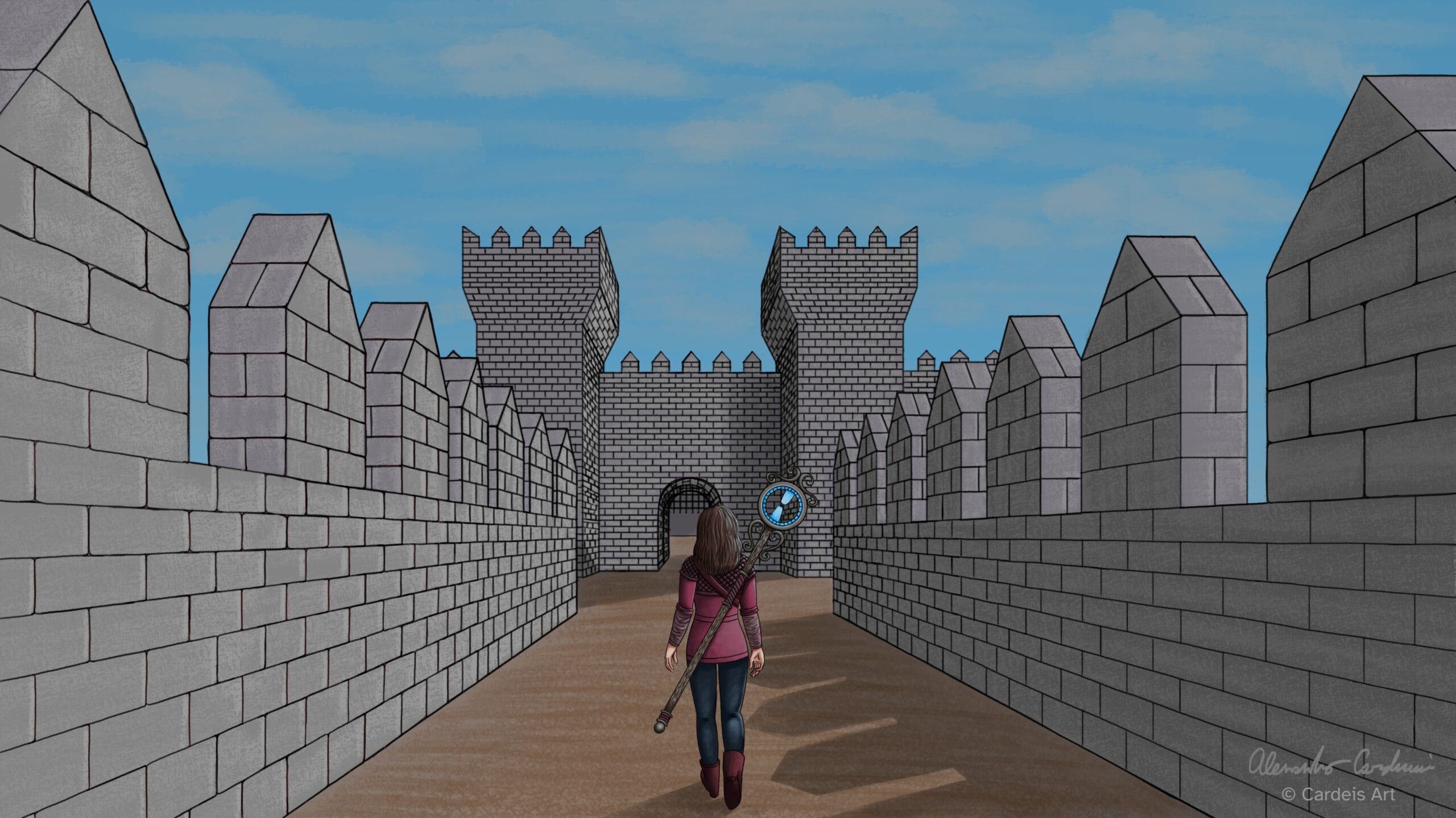 walking between the walls of an ancient medieval castle heading towards the entrance towers to the courtyard.